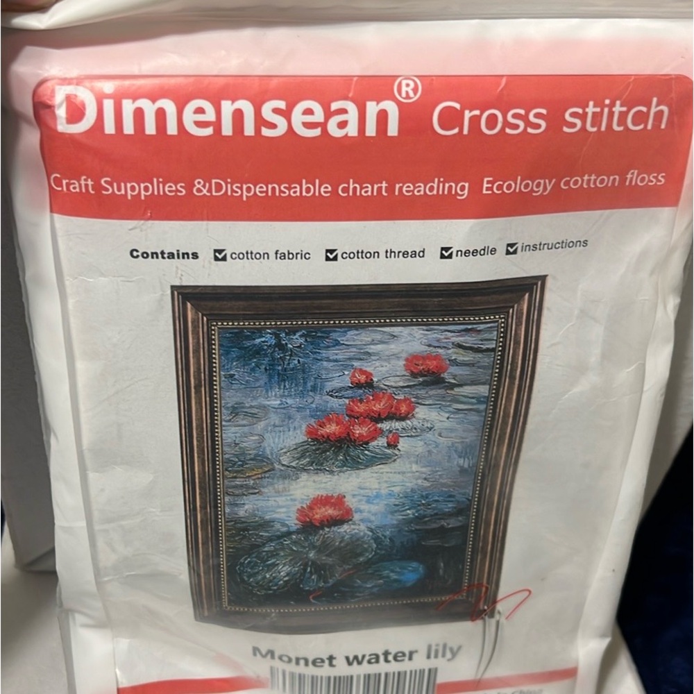 Cross Stitch “Monet Water Lily” New! W/Supplies and Dispensable Chart 40 X 53cm